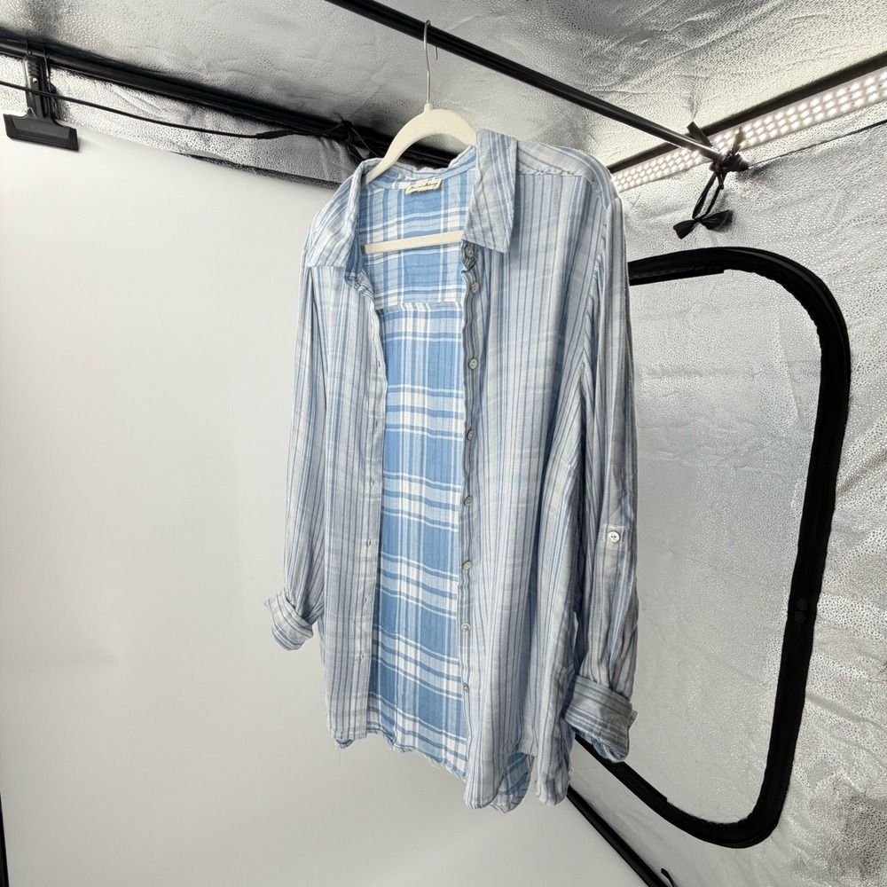 Jane and Delancey Blue‎ White Plaid Stripe Button Down Shirt Beach Cover Up